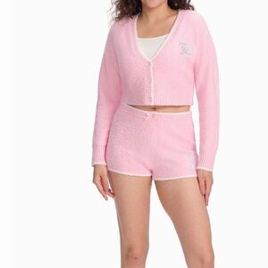 Pink Knit Cropped Cardigan and Short Set - Women Sweater Lounge Set